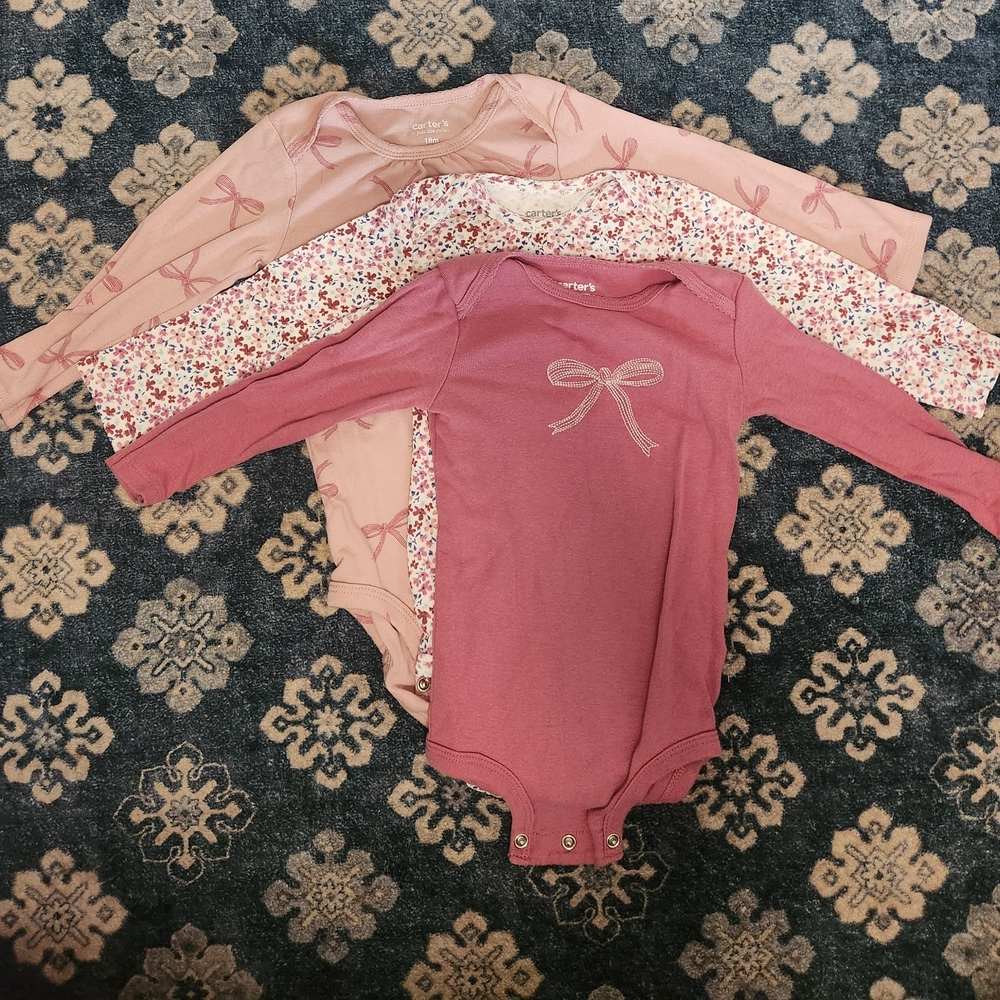 Carter's Pink Mix Long-Sleeve Bow One-Piece Bodysuits (Set of 3)